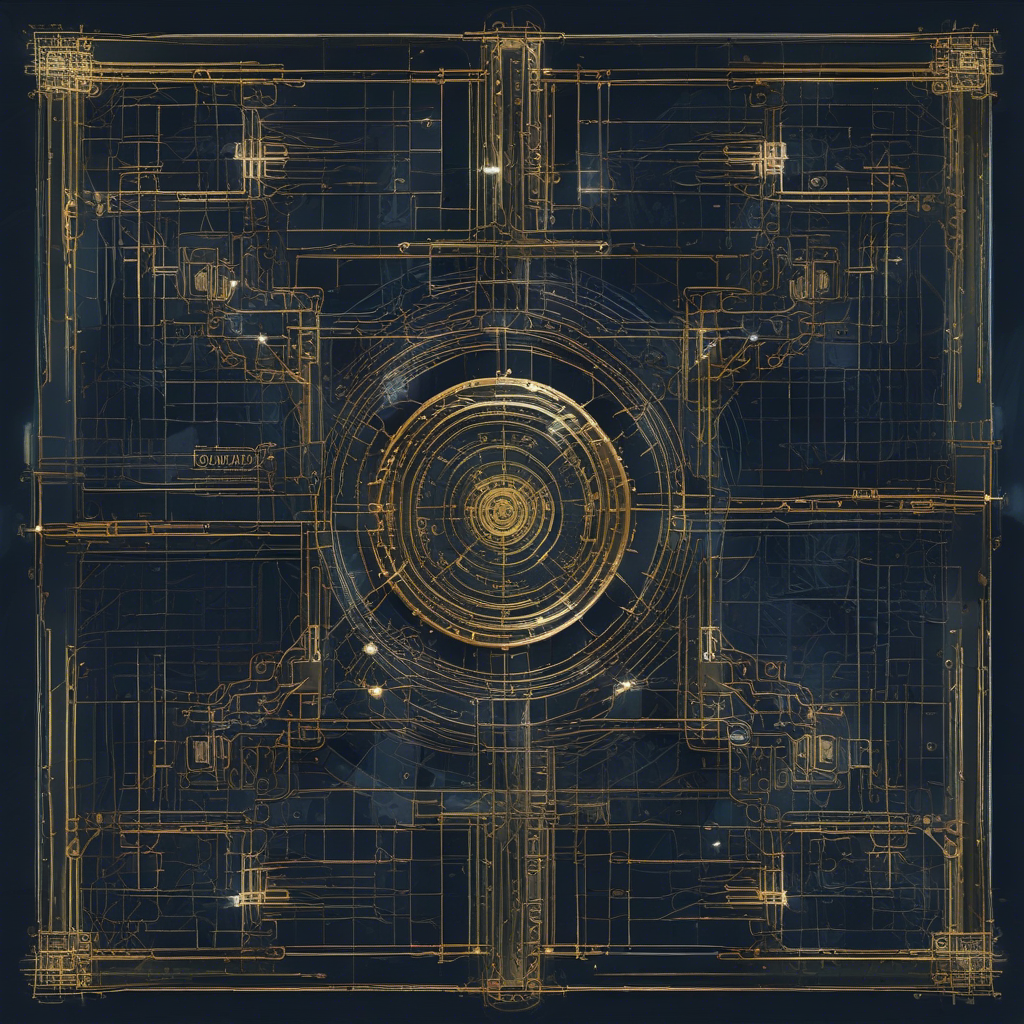 Golden circuit lines on dark blue background form a grid with central concentric circles.