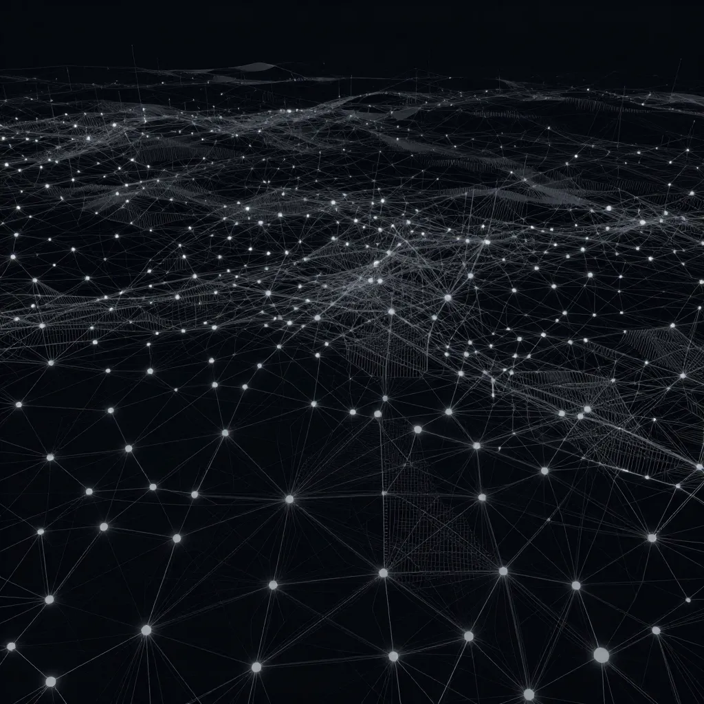 Interconnected white dots and lines form an abstract network on black background.