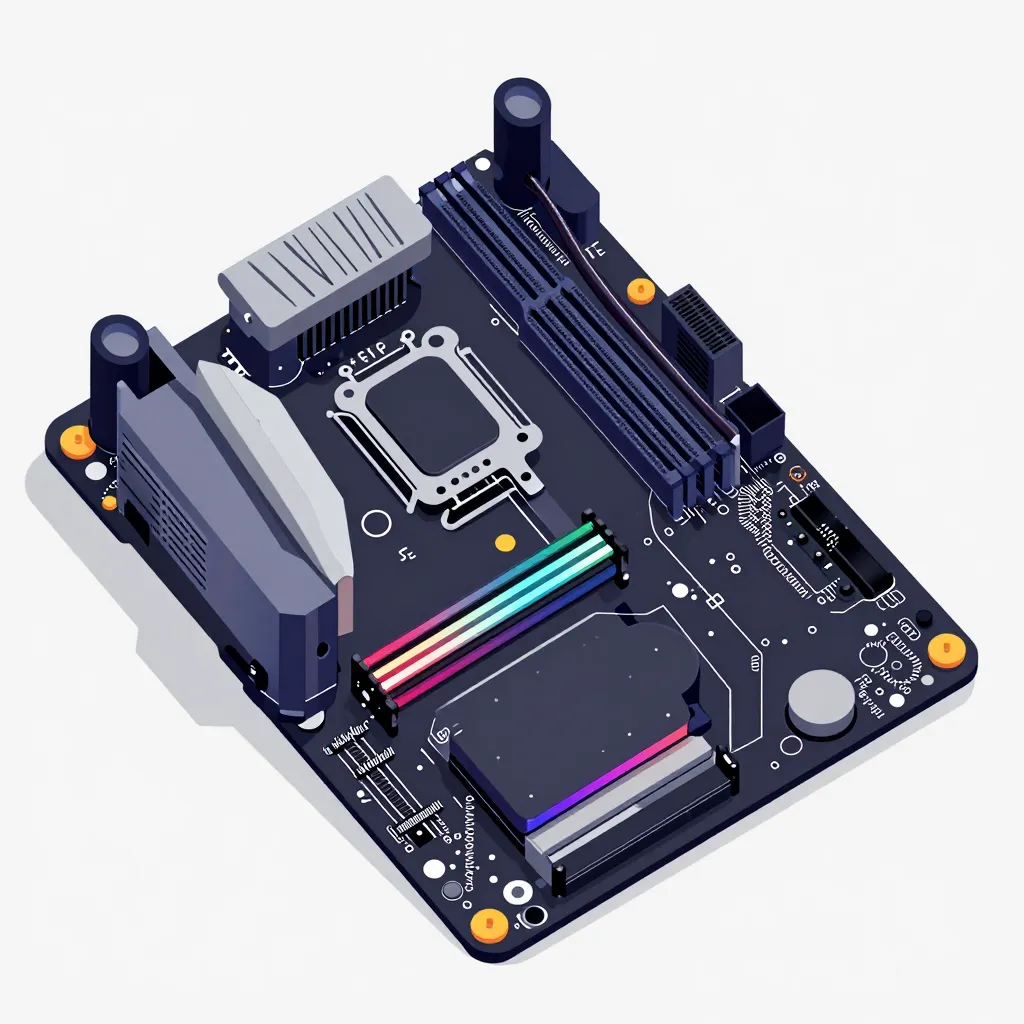 Computer motherboard with CPU socket, RAM slots, heat sinks, capacitors, and expansion slots.