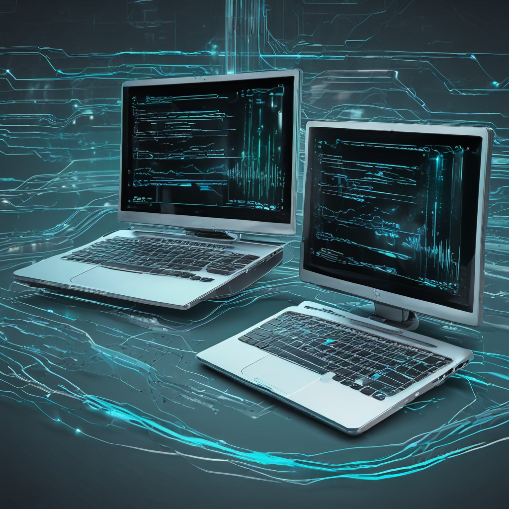 A laptop and monitors displaying flowing code and a terminal