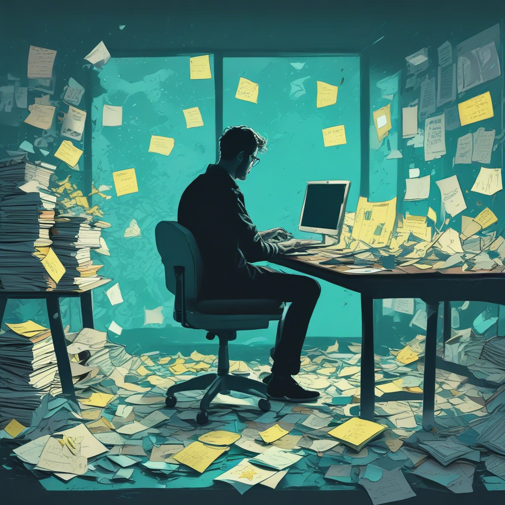 A cluttered desk of glowing scattered sticky notes and crumpled paper